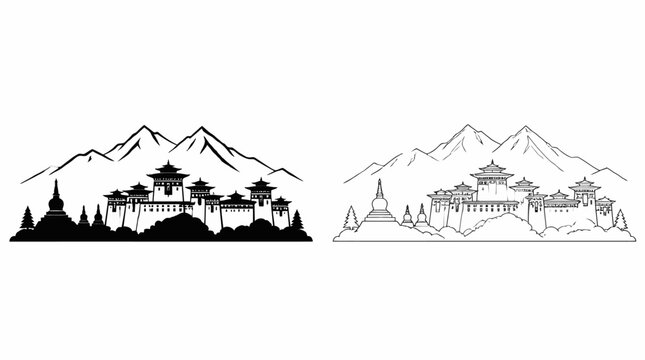 Bhutan Paro Taktsang Monastery Silhouette and Line Art Illustration