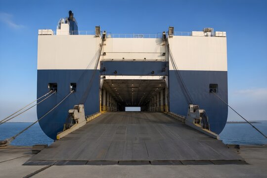 Unmarked RoRo Roll On Roll Off Cargo Ship With Massive Rear Ramp Lowered At Port