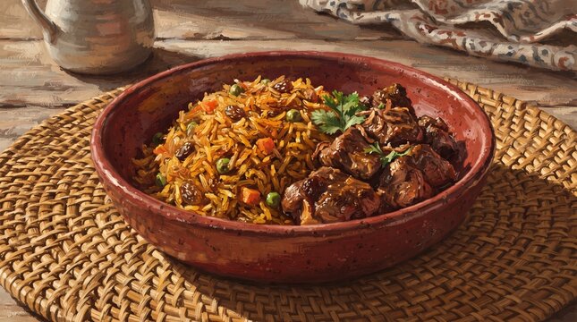 Gouache Somali Bariis Iskukaris Spiced Rice Oxblood Bowl Rattan Mat