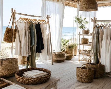 Sustainable Coastal Pop Up Retail Shop Featuring Sea Grass Woven Baskets Bleached Wood Clothing Racks