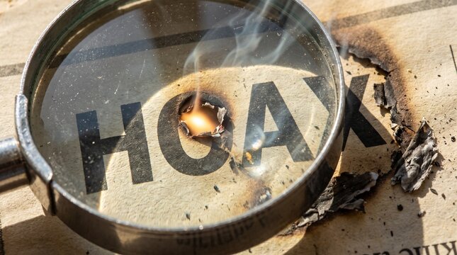 Magnifying glass burning the word hoax printed on paper with focused sunlight and smoke