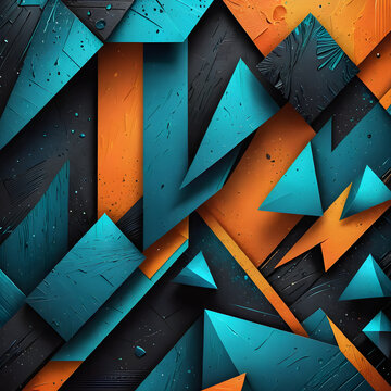 Abstract 3D geometric shattered blocks, angled view, modern neon style, teal and orange colors, dark background