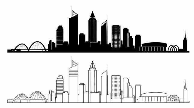 Perth City Skyline Silhouette and Line Art Vector Illustration
