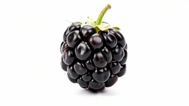 A single, ripe blackberry with green stems and leaves on a white background.