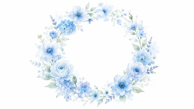 水彩画風の美しい青い花リース 白い背景に描かれたアジサイと小花の装飾