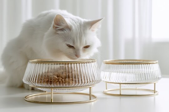 Beautiful white cat drinks fresh water from luxury glass bowl with a gold rim. Ribbed glass bowls pet feeder stands on a clean table indoors. Premium feline care. High quality Pet Supplies. Cat dish