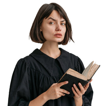 Portrait of a young woman in a vintage black dress reading an old book isolated on transparent or white background, png