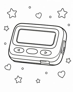 Coloring page featuring a retro pager adorned with stars and hearts perfect for creative art projects and nostalgia enthusiasts