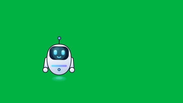 Cute chatbot artificial intelligence character typing messages in chat bubbles on green screen