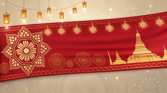 Thai gold patterns decorate red fabric with temple silhouettes and glowing lanterns in warm festive atmosphere full of cultural charm