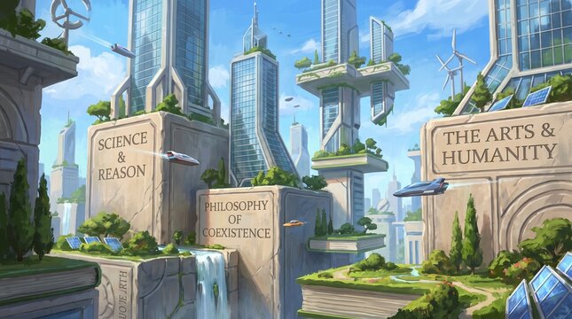Utopian city architectural concept integrating nature with giant books of science and reason