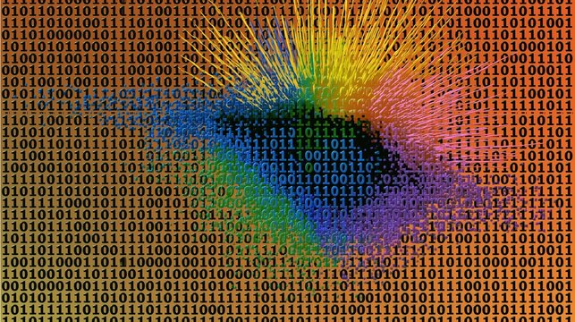 Binary code matrix on glowing orange backdrop with central radial warp, colorful light rays bursting from center, dynamic digital data stream concept for cybersecurity and tech backgrounds.