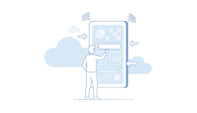 User interacting with a large mobile phone interface featuring a search bar and digital cloud elements in a modern graphic design for app technology.
