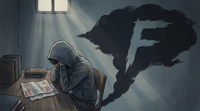 Despairing student holding head in hands crying over poor grades and failed test with dark shadow on the wall