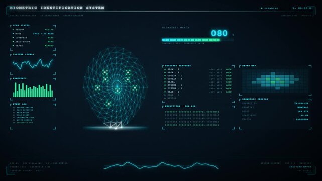 Biometric facial recognition system scanning identity and granting access on futuristic HUD