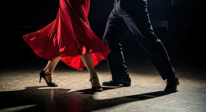 Elegant Couple Dancing Tango or Salsa in Dramatic Lighting, Focus on Legs and Flowing Red Dress