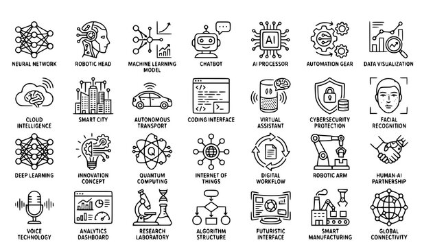 Futuristic AI Revolution Thin Line Icon Collection with Editable Stroke for Digital Transformation