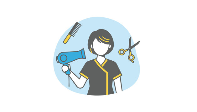 Hair stylist holding a hair dryer with scissors and a comb floating nearby representing professional beauty services and hair salon tools.