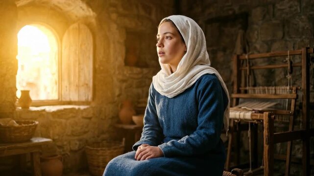 virgin mary during the biblical annunciation sitting in a rustic ancient stone room wearing blue dress and white veil looking toward bright window light near loom