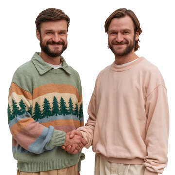Portrait of two happy men shaking hands isolated on transparent or white background, png