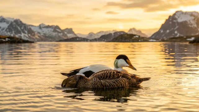 two eiders close up at golden light on lake in svalbard norway video