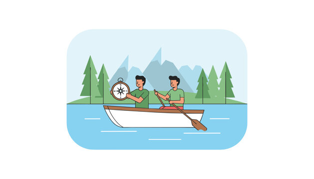 Two men in a boat navigating a scenic landscape with a compass, symbolizing teamwork, leadership, and finding the right business direction.