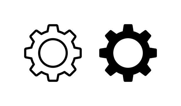 Two Gear Icons, Outline and Solid Fill, Mechanical Engineering Symbols, Industrial Machine Parts, Technology and Industry Concepts