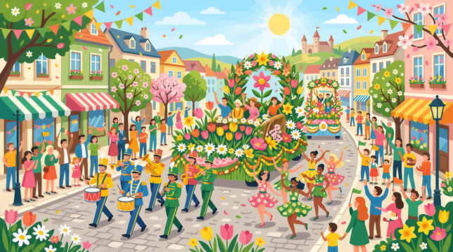 Colorful spring festival parade in a lively town square.