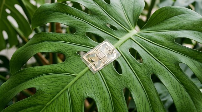 Sensor patch on monstera leaf representing advanced digital technology modern aesthetic style
