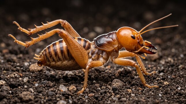 Jerusalem cricket in defensive posture with open mandibles on dirt