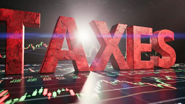 Large red stone textured TAXES text stands prominently on top of financial stock market data charts. The composition features glowing candlestick graphs and numeric trading data. Ideal for fiscal.