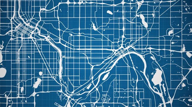 Ink reveal animation of St. Paul city, Minnesota (MN), United States of America, grid map. Aerial top view. Blueprint style. White lines with blue background. 4K Seamless loop.