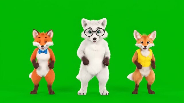 Three cartoon foxes dancing and waving on a green screen background.