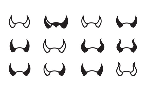 A collection of 12 black devil horn icons in vector format, perfect for use in various design projects, such as Halloween-themed graphics, logos, or social media posts. The set includes different vari