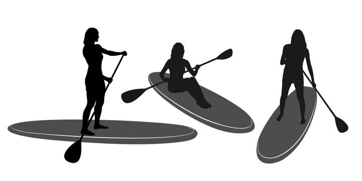 A set silhouettes of women sailing on sup boards.
