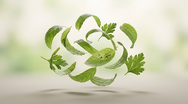 Floating fresh green herbs organized into a circular shape for chiffonade preparation in a professional kitchen setting with a bright soft background