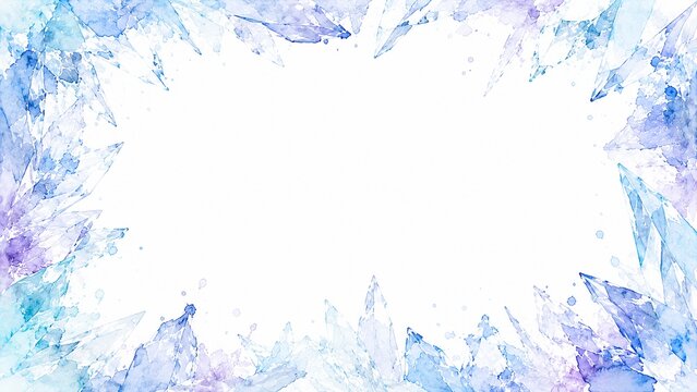 水彩で描かれた青と紫の氷の結晶が周囲を飾る幻想的な長方形フレーム