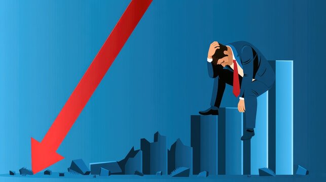 Flat vector illustration showing a global economic downturn and bankruptcy, depicted with a businessman and collapsing statistics.