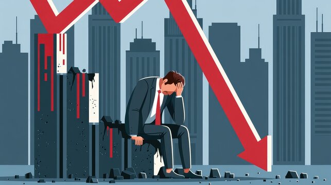 Vector illustration showing a stressed businessman on a falling graph with a red downward-pointing arrow.