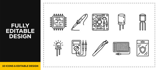 flat vector illustration line art icon bundle set design displaying soldering tools electronics repairs circuit boards microchips maintenance and tech graphics for web UI © markephics
