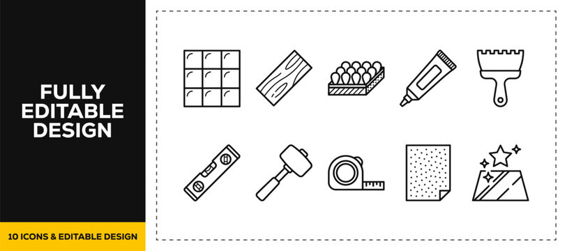 flat vector illustration line art icon bundle set design depicting engineering drafting rulers blueprints architectural sketches layout plans and geometry graphics for UI