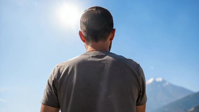 A man stands silhouetted against the sky as he admires a mountainous landscape at dusk.