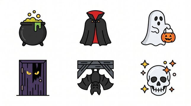 Spooky Halloween Festivities Graphic Collection Cartoon Icons Featuring Ghosts, Bats, Skulls, and Enchanted Objects for Festive Designs