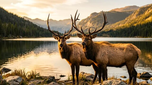 two elk close up at golden light near jasper national park lake video