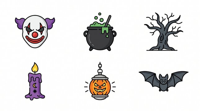 Halloween Concept Vector Icons. Spooky clown, cauldron, tree, candle, pumpkin lantern, bat. Perfect for festive designs