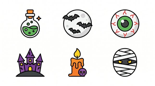 Colorful Halloween vector icon set for spooky season designs. Features haunted castle, flying bats, magic potion, mummy, and eerie eyeball, perfect for festive digital projects