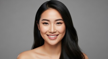 Fototapeta premium Beautiful Young Asian Woman with Long Black Hair and Radiant Smile Isolated on Grey Background