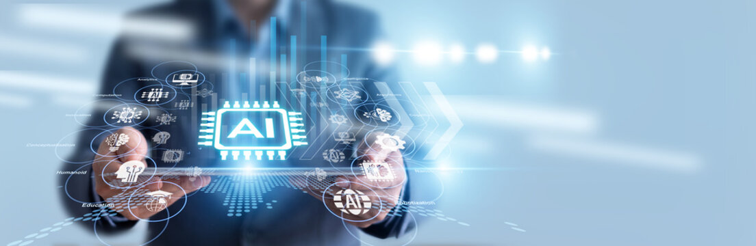 Data scientist hold tablet and evaluates machine learning models for Artificial Intelligence applications, observing predictive analytics on a holographic display to improve smart automation systems.