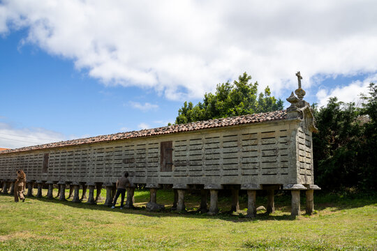 Horreo de Carnota in A Coru&ntilde;a, Galicia, Spain. This massive 18th-century granite stone granary, famous for its architectural length and structure on pillars
