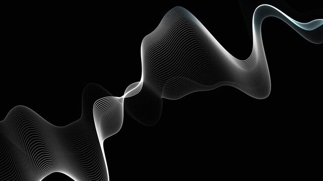 Fine parallel lines form a twisting ribbon with smooth flowing motion on a black background. Minimal abstract background with  continuous movement.